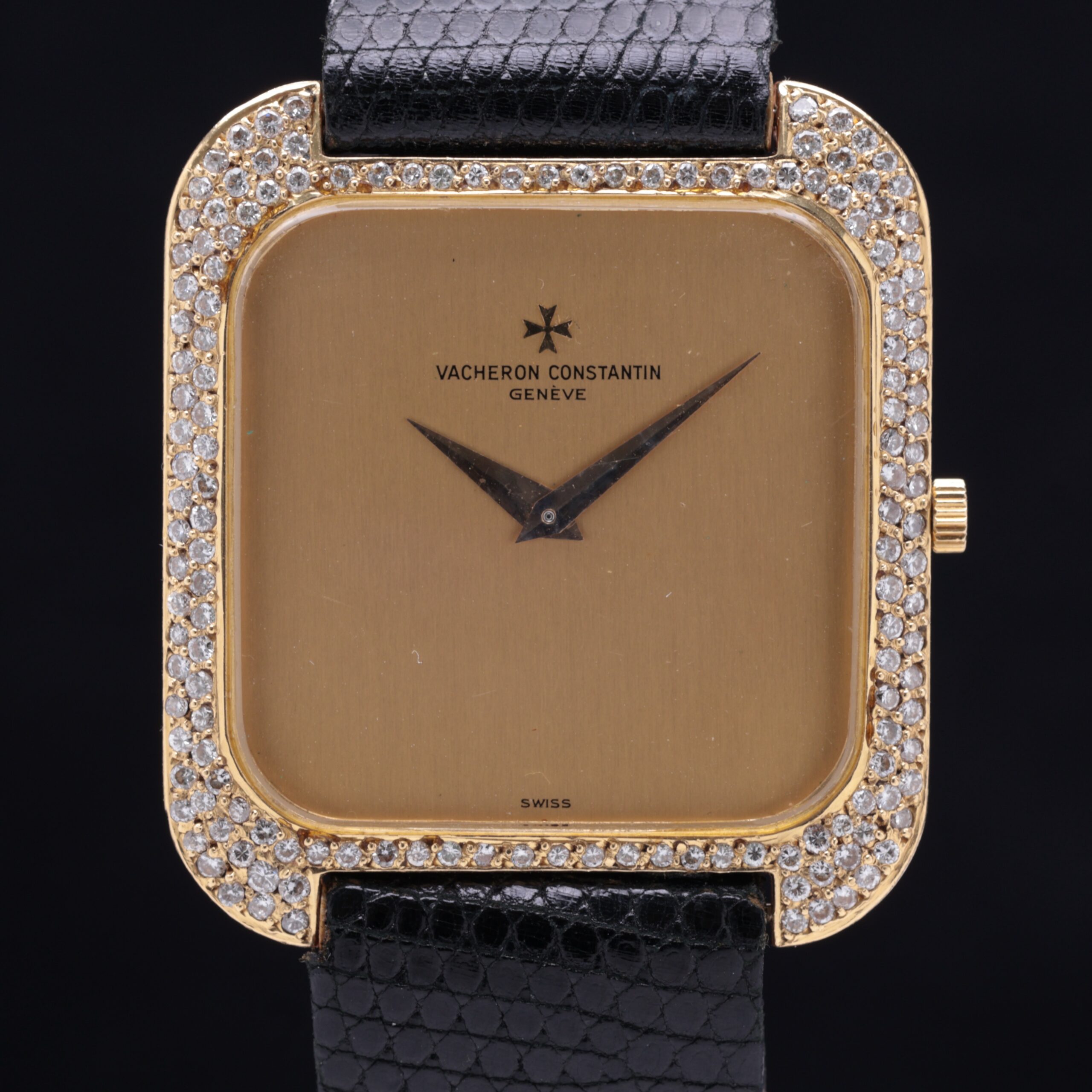 Vacheron Constantin Ultra Thin Cushion 18k Yellow Gold Factory Diamond Bezel Champagne Dial c1970