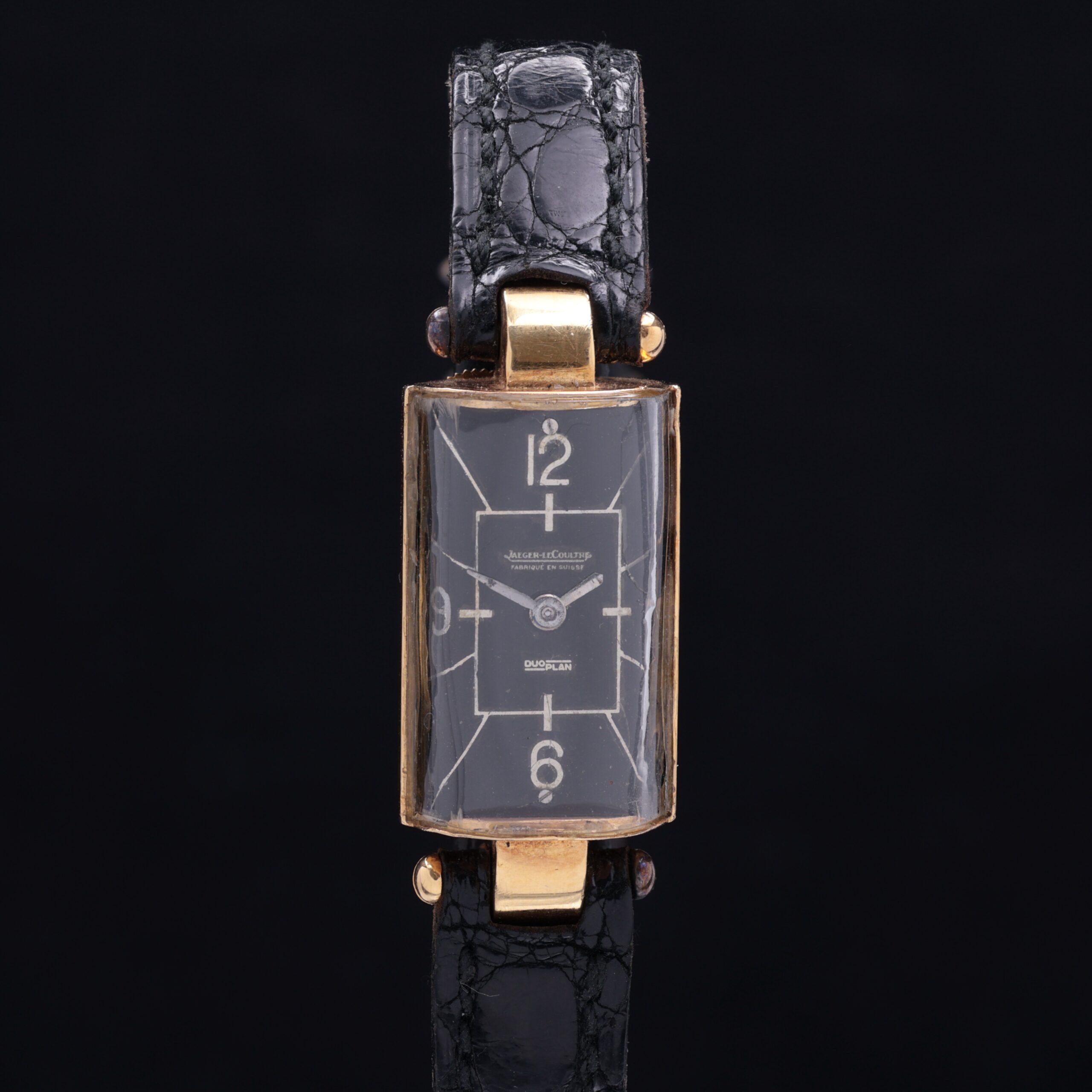 Jaeger LeCoultre Etrier Duoplan 18k Yellow Gold Rare Rectangular Sector Dial Backwind Configuration c1965
