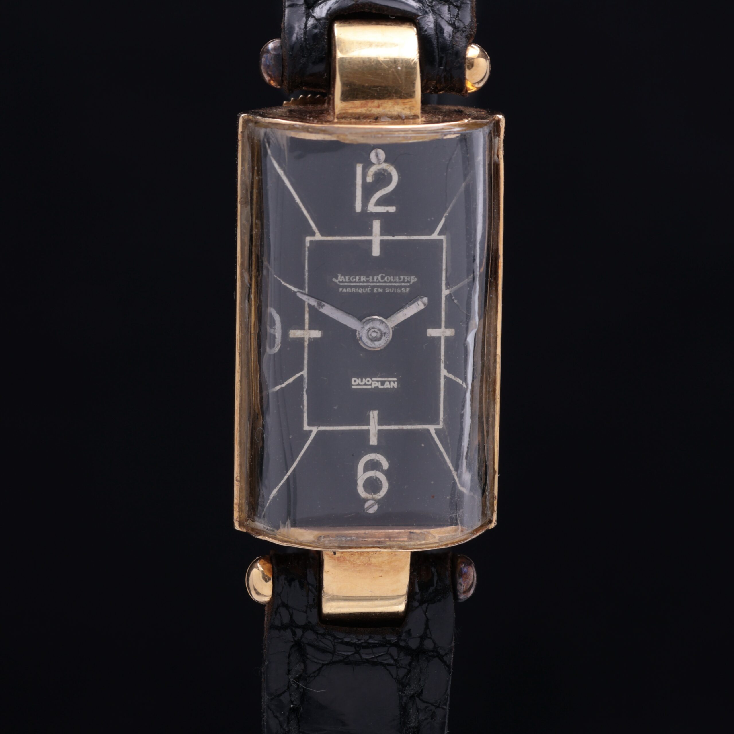 Jaeger LeCoultre Etrier Duoplan 18k Yellow Gold Rare Rectangular Sector Dial Backwind Configuration c1965