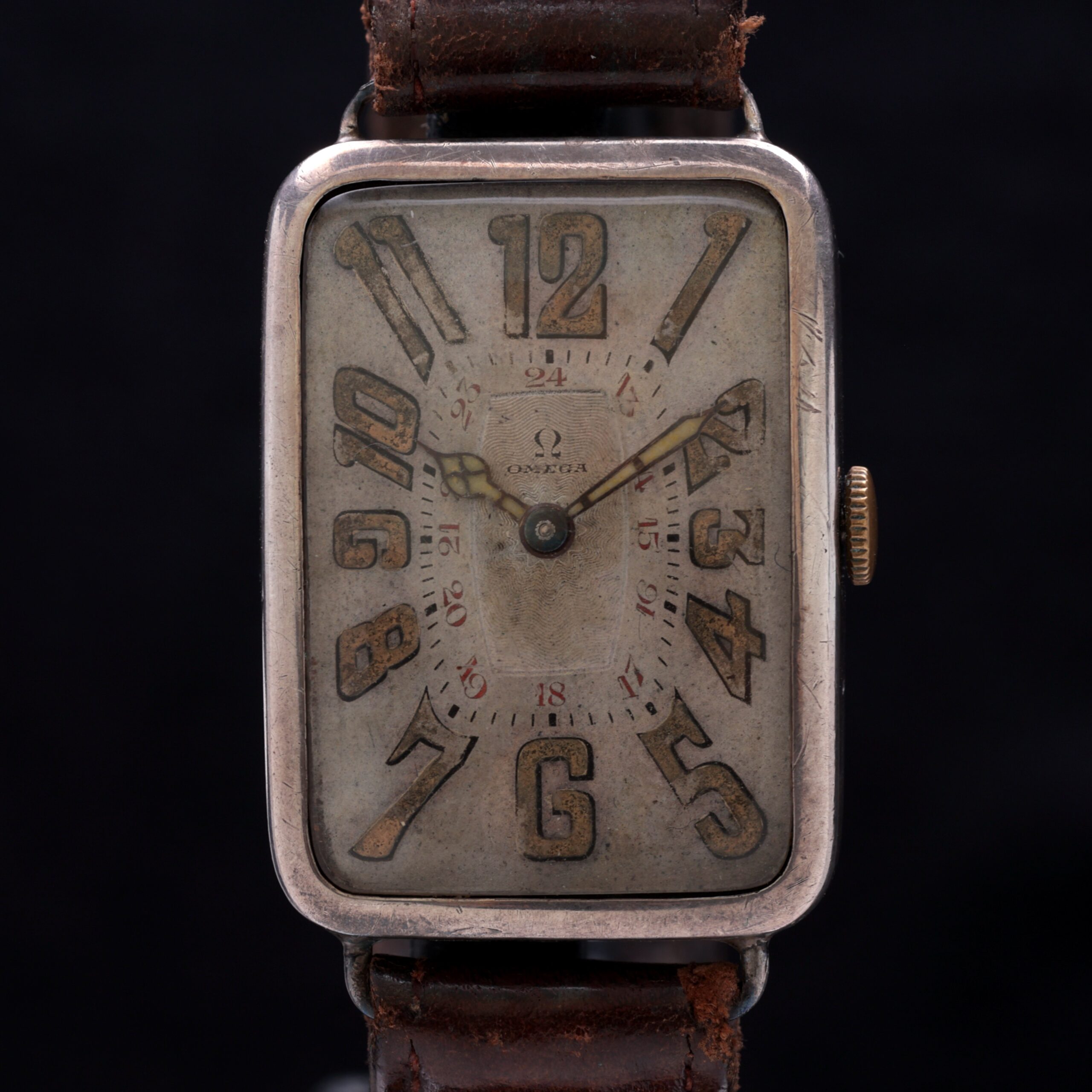 Omega Vintage Tank Caliber 23.7S Rare Art Deco Silver Cushion Rectangle Case Explosive Arabic Numerals 1919